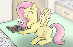 Size: 1401x916 | Tagged: safe, artist:frostedsketch13, fluttershy, pegasus, pony, g4, baking, baking sheet, blushing, chest fluff, cookie, cute, eyes closed, female, food, happy, kitchen, preggoshy, pregnant, sensibly-proportioned pregnancy, shyabetes, smiling, solo, spread wings, wings