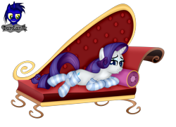 Size: 4154x3000 | Tagged: safe, alternate version, artist:damlanil, rarity, pony, unicorn, g4, bedroom eyes, clothes, couch, cute, eyeshadow, fainting couch, female, grin, horn, looking at you, lying down, makeup, mare, pillow, raribetes, show accurate, simple background, smiling, socks, solo, striped socks, transparent background, underhoof, vector