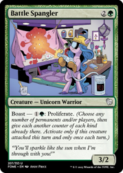 Size: 375x523 | Tagged: safe, artist:andy price, edit, izzy moonbow, pony, unicorn, g5, spoiler:g5comic08, bipedal, ccg, clothes, fabric, glitter, glue, goggles, hard hat, hat, hoof gloves, magic the gathering, safety goggles, trading card, trading card edit