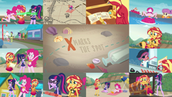 Size: 1280x721 | Tagged: safe, edit, edited screencap, editor:quoterific, screencap, pinkie pie, sci-twi, sunset shimmer, twilight sparkle, human, equestria girls, g4, my little pony equestria girls: better together, x marks the spot, clothes, crying, decoder ring, female, fire, pinkie pie swimsuit, sci-twi swimsuit, swimsuit, tears of pain