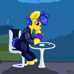 Size: 400x400 | Tagged: safe, artist:vohd, oc, oc only, oc:vohd, earth pony, pony, animated, bubble, chair, diving suit, earth pony oc, food, gif, monster, ocean, pixel art, sitting, subnautica, table, thinking, underwater, water