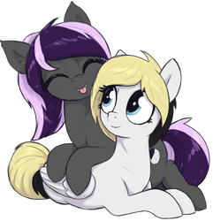 Size: 2016x2088 | Tagged: safe, artist:t72b, oc, oc only, oc:nightwalker, oc:whiteout, bat pony, pegasus, pony, 2023 community collab, derpibooru community collaboration, :p, bat pony oc, duo, eyes closed, fangs, female, high res, lying down, mare, pegasus oc, prone, simple background, tongue out, transparent background