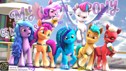Size: 3840x2160 | Tagged: safe, artist:whiteskyline, hitch trailblazer, izzy moonbow, misty brightdawn, pipp petals, sprout cloverleaf, sunny starscout, zipp storm, earth pony, pegasus, pony, unicorn, g5, 3d, 3d model, 4k, bag, bracelet, cellphone, colored eyebrows, download at source, downloadable, female, group, high res, hoof hold, jewelry, male, mane five, mane six (g5), mare, milkshake, phone, preview, resource, saddle bag, smoothie, source filmmaker, source filmmaker resource, spread wings, sprout joins the mane five, stallion, straps, umbrella, unshorn fetlocks, wings
