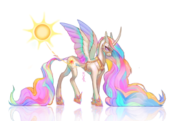 Size: 7016x4961 | Tagged: safe, artist:kisullkaart, princess celestia, alicorn, pony, g4, absurd resolution, celestia is not amused, colored wings, concave belly, female, gradient wings, long mane, long tail, mare, raised leg, redesign, reflection, shy, simple background, skinny, solo, sun, tail, thin, unamused, white background, wings