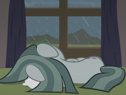 Size: 2000x1500 | Tagged: safe, artist:nitei, marble pie, earth pony, pony, g4, atg 2022, back, curled up, curtains, depressed, female, floppy ears, indoors, looking out the window, lying down, mare, newbie artist training grounds, on side, pillow, rain, rock farm, sad, show accurate, solo, window