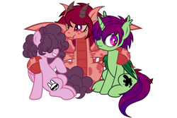 Size: 3000x2000 | Tagged: safe, artist:k0br4, oc, oc only, oc:flare blaze, oc:midnight ray, oc:stripe, bat pony, bat pony unicorn, dracony, dragon, hybrid, pegasus, pony, unicorn, 2023 community collab, derpibooru community collaboration, bat wings, claws, curly hair, disguise, disguised siren, emo, female, high res, horn, horns, looking at you, male, show accurate, simple background, sitting, smiling, smiling at you, transparent background, trio, wings