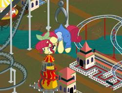 Size: 2000x1528 | Tagged: safe, artist:nitei, torque wrench, earth pony, pony, g4, amusement park, atg 2022, bandana, bridge, carousel, claw, clothes, crossover, dangling, female, frown, game mechanics, hanging, helter skelter, mare, mechanic, merry-go-round, newbie artist training grounds, overalls, path, river, roller coaster, rollercoaster tycoon, rollercoaster tycoon 2, shirt, show accurate, slide, solo, suspended, torque wrench is not amused, unamused, video game crossover, water
