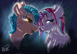 Size: 4093x2894 | Tagged: safe, artist:julunis14, hitch trailblazer, zipp storm, earth pony, pegasus, pony, g5, blushing, duo, duo male and female, female, male, mare, rain, ship:stormblazer, shipping, smiling, stallion, straight, wet, wet mane, wings