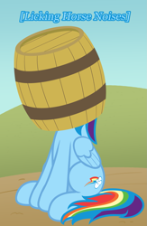 Size: 1301x2000 | Tagged: safe, artist:nitei, rainbow dash, pegasus, pony, g4, atg 2022, barrel, cider, cider dash, descriptive noise, female, horse noises, licking, mare, newbie artist training grounds, on head, show accurate, silly, silly pony, sitting, solo, that pony sure does love cider, tongue out