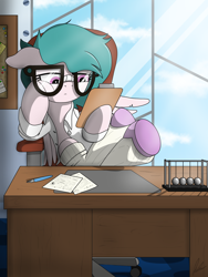 Size: 3000x4000 | Tagged: safe, artist:flaremoon, oc, oc only, oc:hazy breeze, pegasus, pony, chair, clipboard, clothes, desk, glasses, hooves on the table, lab coat, office, office chair, pegasus oc, slippers, socks, solo, window