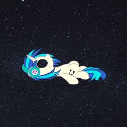 Size: 2000x2000 | Tagged: safe, artist:kai pilger, artist:nitei, dj pon-3, vinyl scratch, pony, unicorn, g4, atg 2022, empty eyes, female, headphones, high res, i can see forever, lost in thought, lying down, mare, newbie artist training grounds, on back, real life background, show accurate, solo, space, stars