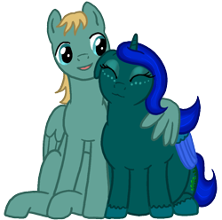 Size: 1300x1292 | Tagged: safe, oc, oc only, oc:dusklight blossom, oc:strix, alicorn, pegasus, pony, 2023 community collab, derpibooru community collaboration, alicorn oc, duo, fat, horn, hug, love, pegasus oc, simple background, special somepony, transparent background, winghug, wings