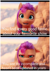 Size: 1037x1468 | Tagged: safe, edit, edited screencap, screencap, sunny starscout, earth pony, pony, g5, my little pony: a new generation, spoiler:my little pony: a new generation, caption, fanfic, female, image macro, mare, meme, relatable, sunny starscout is not amused, text, unamused
