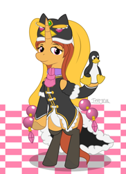 Size: 1441x1981 | Tagged: safe, artist:terminalhash, bird, penguin, pony, unicorn, bipedal, clothes, hat, horn, linux, mawaru penguindrum, ponified, simple background, smiling, smirk, solo, stockings, thigh highs, tux, unicorn oc, vector