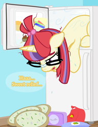 Size: 1442x1878 | Tagged: safe, artist:nitei, moondancer, pony, unicorn, g4, atg 2022, bag, cooling, dangling, dialogue, female, food, freezer, french fries, frozen food, glasses, hay fries, hot, ice cream, ice cream tub, lying down, mare, newbie artist training grounds, open mouth, pizza, pony in fridge, prone, refrigerator, relief, show accurate, solo, speech bubble, sweat, vegetables