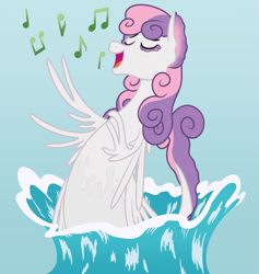 Size: 1775x1875 | Tagged: safe, artist:nitei, sweetie belle, kelpie, g4, eyes closed, female, kelpiefied, music notes, open mouth, open smile, show accurate, singing, smiling, solo, species swap, splash, water