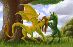 Size: 1000x650 | Tagged: safe, artist:adeptus-monitus, edit, oc, oc only, dragon, pony, unicorn, blushing, butt, dragon oc, duo, forest, grass, horn, kissing, non-pony oc, plot, tree, unicorn oc