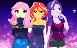 Size: 1928x1200 | Tagged: safe, artist:rosemile mulberry, fluttershy, starlight glimmer, sunset shimmer, human, equestria girls, abstract background, alternate hairstyle, bare shoulders, breasts, cleavage, clothes, ear piercing, earring, female, gradient background, implied twilight sparkle, jewelry, looking at you, looking away, looking up, necklace, piercing, short hair, sleeveless, smiling, strapless, trio, turtleneck