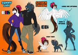 Size: 1600x1139 | Tagged: safe, artist:sunny way, oc, oc only, oc:steven saidon, oc:sunny way, horse, pegasus, pony, unicorn, anthro, anthro with ponies, brother and sister, clothes, female, gradient background, male, mare, multiple variants, nudity, reference, reference sheet, siblings, smiling, stallion