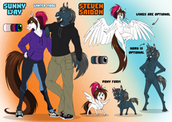 Size: 1600x1139 | Tagged: safe, alternate version, artist:sunny way, oc, oc only, oc:steven saidon, oc:sunny way, horse, pegasus, pony, unicorn, anthro, anthro with ponies, brother and sister, clothes, female, gradient background, male, mare, multiple variants, nudity, reference, reference sheet, siblings, smiling, stallion