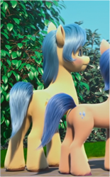 Size: 392x633 | Tagged: safe, screencap, beach breeze, earth pony, pony, g5, my little pony: make your mark, my little pony: make your mark chapter 2, the cutie mark mix-up, spoiler:my little pony: make your mark, spoiler:my little pony: make your mark chapter 2, spoiler:mymc02e05, butt, carrot blend (g5), cropped, duo, duo male and female, female, lookie uppie, male, mare, offscreen character, offscreen male, outdoors, plot, stallion, unshorn fetlocks