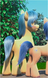 Size: 392x633 | Tagged: safe, screencap, beach breeze, lookie uppie, earth pony, pony, g5, my little pony: make your mark, my little pony: make your mark chapter 2, the cutie mark mix-up, spoiler:my little pony: make your mark, spoiler:my little pony: make your mark chapter 2, spoiler:mymc02e05, butt, cropped, duo, duo male and female, female, male, mare, offscreen character, offscreen male, outdoors, plot, stallion, unshorn fetlocks