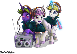 Size: 3508x2480 | Tagged: safe, artist:rainihorn, oc, oc only, oc:15, oc:garik dash, oc:lollipop, pony, unicorn, 2023 community collab, derpibooru community collaboration, boombox, bottle, cider, clothes, headphones, high res, hooves, horn, jacket, not gay, open mouth, scar, simple background, tongue out, transparent background, trio, tuxedo, unicorn oc