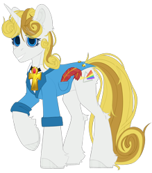 Size: 2194x2500 | Tagged: safe, artist:medkit, oc, oc only, oc:guiding light, pony, unicorn, 2023 community collab, derpibooru community collaboration, ankh, big eyes, blue eyes, clothes, curly hair, ear fluff, eyes open, feather, female, fluffy, gem, gold, happy, high res, horn, horseshoes, jacket, jewelry, light dispersion, long tail, looking at you, mare, paint tool sai 2, pendant, pocket, rainbow, raised hoof, rolled up sleeves, ruby, shirt, short mane, simple background, sketch, smiling, solo, standing, tail, teeth, transparent background, unicorn oc