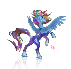 Size: 6352x6223 | Tagged: safe, artist:kisullkaart, rainbow dash, pegasus, pony, g4, back, blue, butt, clothes, commissions open, female, hoof fluff, plot, redesign, simple background, slender, solo, sternocleidomastoid, suit, thin, underhoof, white background, wings