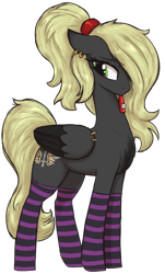 Size: 1398x2310 | Tagged: safe, artist:t72b, oc, oc only, oc:veen sundown, pegasus, pony, 2023 community collab, derpibooru community collaboration, blushing, clothes, ear piercing, earring, female, floppy ears, jewelry, kazoo, mare, mouth hold, musical instrument, pegasus oc, piercing, shy, simple background, socks, solo, striped socks, sundown clan, transparent background, wing piercing, wings