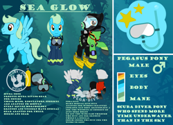 Size: 5555x4000 | Tagged: safe, artist:akififi, oc, oc:sea glow, pegasus, pony, air tank, cutie mark, dive gear, dive mask, drysuit, flippers (gear), goggles, logo, logo parody, pegasus oc, reference sheet, scuba gear, wetsuit