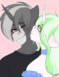 Size: 2498x3269 | Tagged: safe, artist:enderbee, oc, pony, unicorn, anthro, blushing, cheek kiss, colored, commission, couple, flat colors, glasses, high res, kissing, love, multicolored hair, oc x oc, shipping, simple background, smiling, ych result
