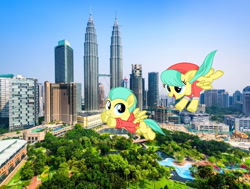 Size: 1432x1080 | Tagged: safe, artist:cheezedoodle96, edit, barley barrel, pickle barrel, pegasus, pony, g4, barrel twins, brother and sister, colt, female, filly, flying, foal, irl, kuala lumpur, malaysia, male, photo, ponies in real life, siblings, twins