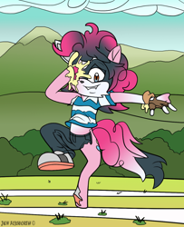 Size: 1030x1269 | Tagged: safe, artist:foxbeast, artist:palette-the-painter, pinkie pie, oc, oc:palette painter, earth pony, tanooki, anthro, buckball season, g4, anthro to pony, buckball field, bush, character to character, clothes, clothing damage, cupcake, equine, female, field, food, furry, furry oc, furry to pony, gloves, grass, male, male to female, mountain, pants, raccoon dog, rule 63, shirt, shoes, solo, transformation, transgender transformation