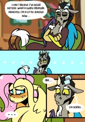 Size: 1423x2048 | Tagged: safe, artist:lrusu, discord, fluttershy, draconequus, pegasus, pony, comic:fluttercord (irusu), g4, ..., blushing, comic, covering, crossed arms, duo, embarrassed, female, male, sad, ship:discoshy, shipping, straight