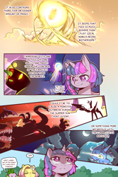 Size: 960x1440 | Tagged: safe, artist:cold-blooded-twilight, fluttershy, princess celestia, spike, twilight sparkle, dragon, pegasus, pony, unicorn, cold blooded twilight, comic:cold storm, g4, alternate design, clothes, comic, dialogue, eyes closed, fangs, female, flower, flower in hair, glowing, glowing eyes, magic, mare, monster, robes, speech bubble, thinking