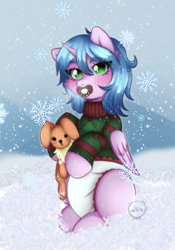Size: 1640x2344 | Tagged: safe, artist:vaiola, oc, oc only, alicorn, pony, alicorn oc, big eyes, blushing, christmas, christmas sweater, clothes, cold, commission, cute, diaper, diaper fetish, diapered, eyebrows, female, fetish, full body, happy, holiday, horn, looking at you, mare, mountain, non-baby in diaper, pacifier, plushie, snow, snowfall, snowflake, solo, sweater, tail, white diaper, wings, winter, ych result