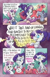Size: 750x1152 | Tagged: safe, artist:katiecandraw, idw, rarity, sweetie belle, pony, unicorn, g4, season 10, spoiler:comic, spoiler:comic100, clothes, comic, dialogue, dress, duo, female, filly, foal, glowing, glowing horn, horn, levitation, magic, mare, onomatopoeia, rarity is not amused, sewing, sewing machine, siblings, sisters, speech bubble, telekinesis, the cmc's cutie marks, unamused