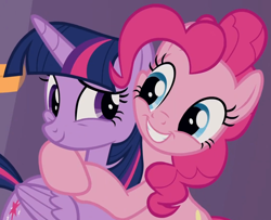 Size: 1102x895 | Tagged: safe, screencap, pinkie pie, twilight sparkle, alicorn, earth pony, pony, g4, season 9, the summer sun setback, bipedal, cropped, cute, diapinkes, duo, duo female, female, happy, hug, mare, smiling, twiabetes, twilight sparkle (alicorn)