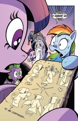 Size: 750x1155 | Tagged: safe, artist:andy price, idw, rainbow dash, spike, star swirl the bearded, starlight glimmer, twilight sparkle, alicorn, dragon, pegasus, pony, unicorn, g4, season 10, spoiler:comic, spoiler:comic100, baby, baby dragon, dialogue, duo focus, female, knights of harmony, male, mare, speech bubble, stallion, twilight sparkle (alicorn), winged spike, wings