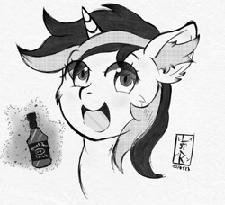 Size: 977x892 | Tagged: safe, artist:levinerex, oc, oc:blackjack, pony, unicorn, fallout equestria, fallout equestria: project horizons, alcohol, black and white, bust, ear fluff, fanfic art, grayscale, horn, manga style, monochrome, open mouth, open smile, portrait, smiling, solo, unicorn oc, whiskey