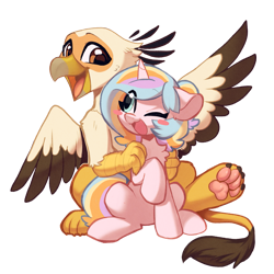 Size: 1273x1273 | Tagged: safe, artist:oofycolorful, artist:vistamage, derpibooru exclusive, oc, oc only, oc:oofy colorful, oc:vistamage, griffon, pony, unicorn, 2023 community collab, derpibooru community collaboration, couple, cute, duo, female, griffon oc, horn, male, oc x oc, oofymage, open mouth, open smile, paw pads, shipping, simple background, smiling, straight, transparent background, unicorn oc