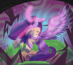 Size: 1280x1146 | Tagged: safe, artist:brybrychan, twilight sparkle, oc, alicorn, pikachu, pony, g4, crumbling, crying, duo, female, hug, mare, outdoors, pokémon, sad, story included, twilight sparkle (alicorn)