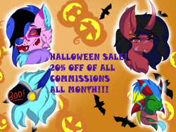 Size: 1280x960 | Tagged: safe, artist:brybrychan, oc, cyborg, pony, protogen, unicorn, wolf, advertisement, commission info, curved horn, halloween, holiday, horn, jack-o-lantern, pumpkin, unicorn oc