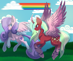 Size: 1280x1069 | Tagged: safe, artist:brybrychan, oc, oc only, alicorn, pegasus, pony, alicorn oc, coat markings, colored wings, curved horn, duo, female, horn, mare, outdoors, pegasus oc, rainbow, socks (coat markings), two toned wings, wings