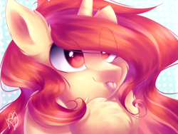 Size: 2828x2121 | Tagged: safe, artist:prettyshinegp, oc, oc only, oc:pretty shine, pony, unicorn, :p, bust, chest fluff, ear fluff, eye clipping through hair, female, hair over one eye, high res, mare, portrait, signature, solo, tongue out