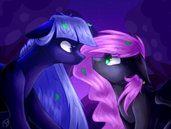 Size: 2828x2121 | Tagged: safe, artist:prettyshinegp, oc, oc only, oc:deep sky, oc:elly, bat pony, earth pony, pony, duo, earth pony oc, eye contact, female, floppy ears, high res, leaf, leaves, looking at each other, looking at you, mare, story included
