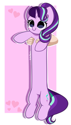 Size: 2406x4200 | Tagged: safe, artist:kittyrosie, starlight glimmer, human, pony, unicorn, g4, blushing, cute, cuteness overload, duo, female, glimmerbetes, heart, high res, holding a pony, long glimmer, long pony, longcat, mare, meme, offscreen character, ponified meme, signature, smiling, solo focus, wat