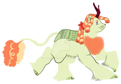 Size: 1280x887 | Tagged: safe, artist:lanternik, oc, oc only, kirin, cloven hooves, deviantart watermark, interspecies offspring, kirin oc, leonine tail, magical lesbian spawn, obtrusive watermark, offspring, parent:autumn blaze, parent:tree hugger, parents:treeblaze, simple background, solo, tail, unshorn fetlocks, watermark, white background