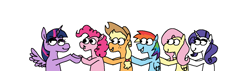 Size: 4000x1128 | Tagged: safe, artist:punkittdev, applejack, fluttershy, pinkie pie, rainbow dash, rarity, twilight sparkle, alicorn, earth pony, pegasus, pony, unicorn, g4, female, holding hooves, horsecomix, lesbian, lidded eyes, mane six, mare, omniship, polyamory, ship:appledash, ship:applepie, ship:flarity, ship:flutterdash, ship:twinkie, shipping, simple background, smiling, smug, twilight sparkle (alicorn), twilight sparkle gets all the mares, white background